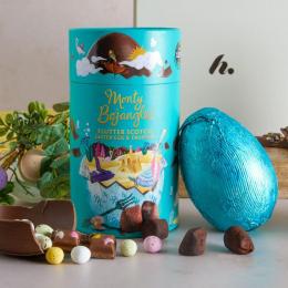 A blue Monty Bojangles Easter Egg with miniature eggs scattered around