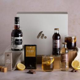 Father's Day Spiced Rum and Chocolate Treats Hamper with contents on display 