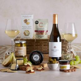 Father's Day White Wine and Cheese Hamper with contents on display