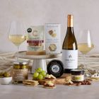 Close up of products in Luxury White Wine & Cheese Hamper, a luxury gift hamper at hampers.com