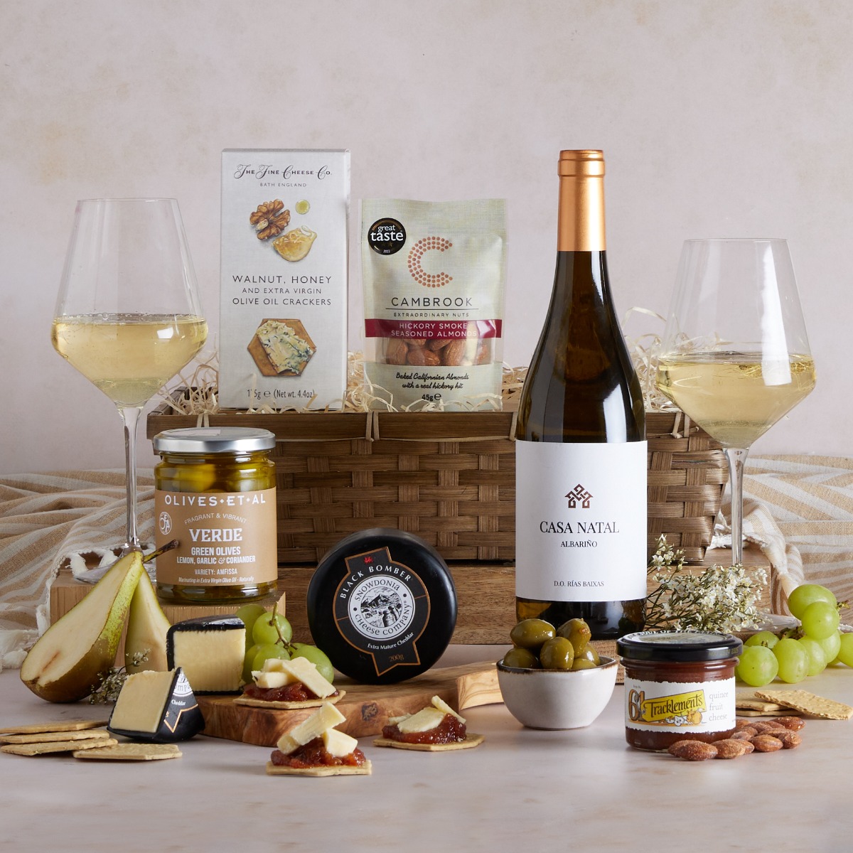 Luxury White Wine and Cheese Hamper with contents on display