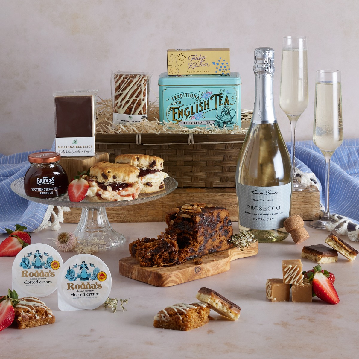 Afternoon Tea with Prosecco Hamper with contents on display - as suggested Valentine's Day Activity