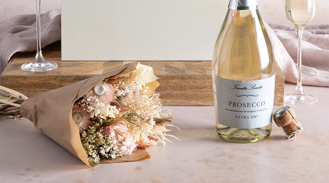 Dried Flower Bouquet and Flutes of Prosecco for Valentine's Gift Guide Header