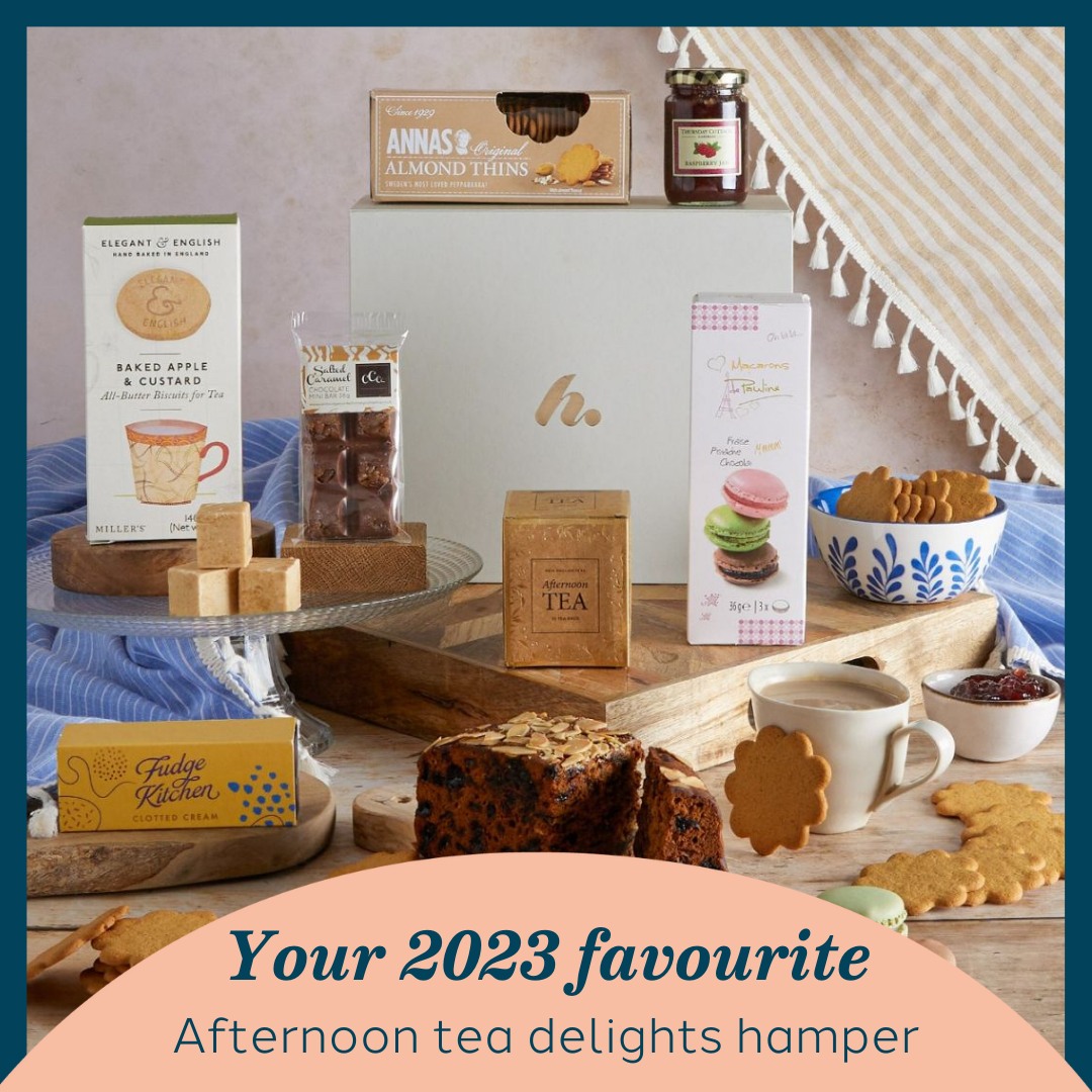 Afternoon Tea Delights Hamper with contents on display and text stating 'Your 2023 favourite'