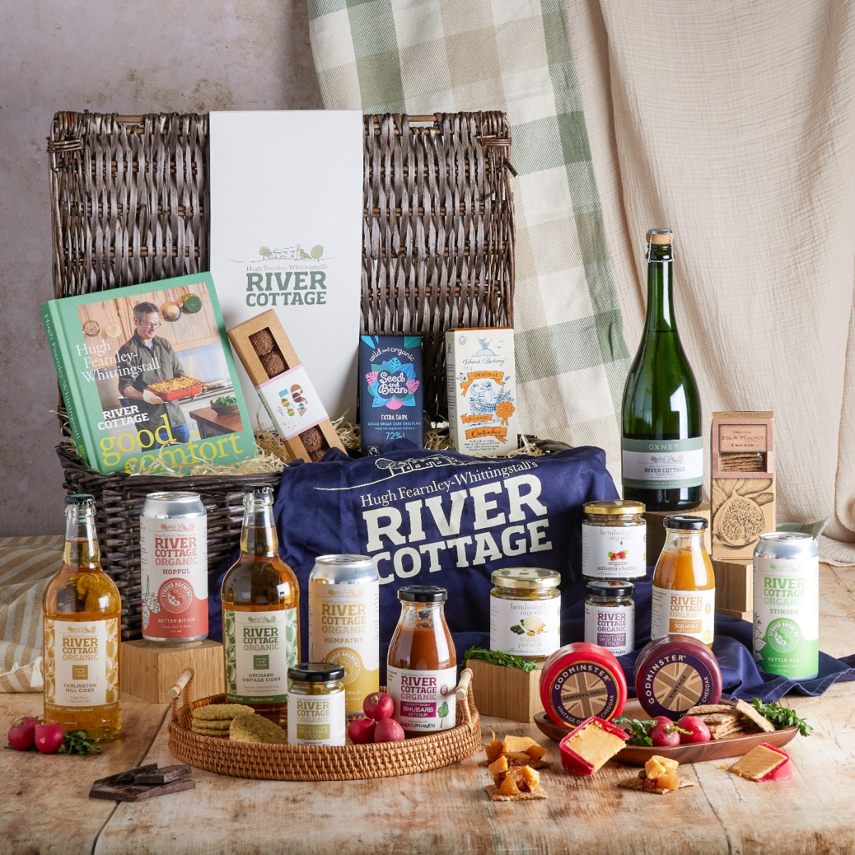 River Cottage Hamper with contents on display