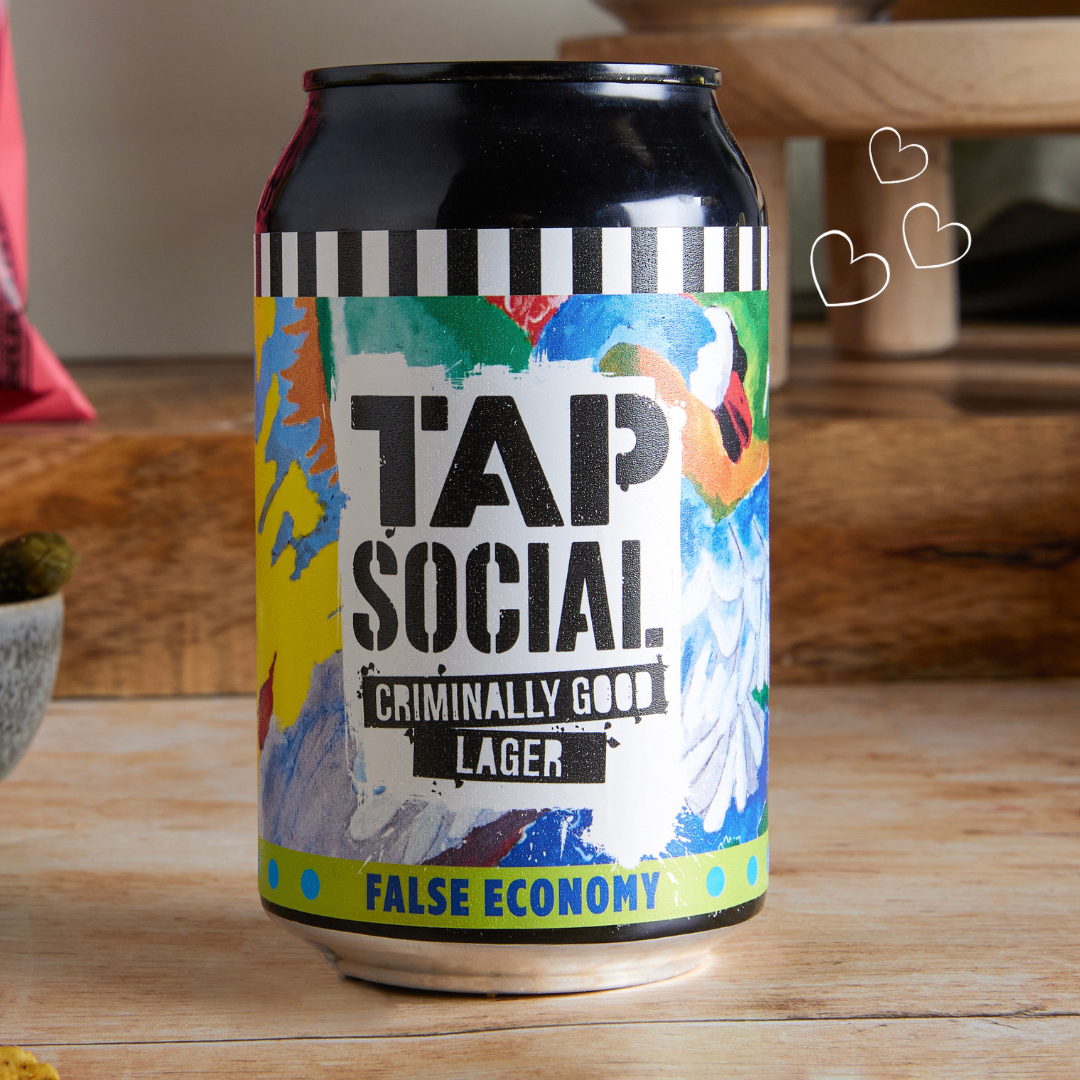 Close up of Tap Social's can of criminally good lager - false economy