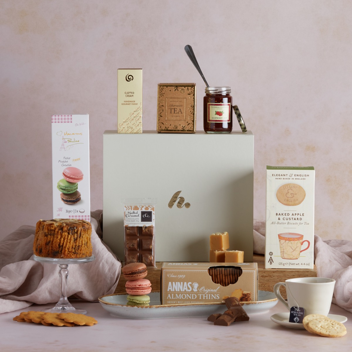 Afternoon Tea Delights hamper with contents on display - a perfect gift for her on Valentine's