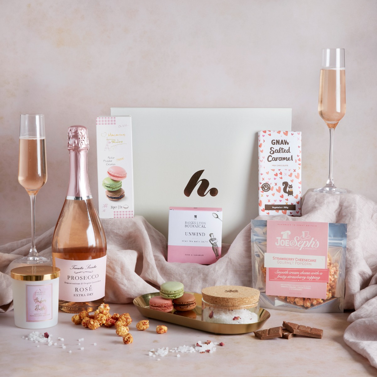Pamper Hamper with contents on display as a recommended Prosecco Mother's Day gift