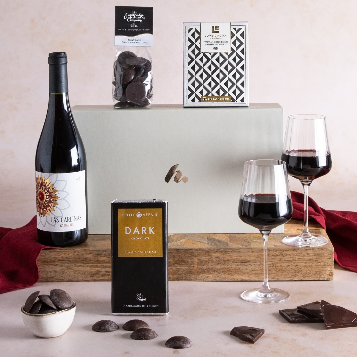 Red Wine & Dark Chocolate Gift Box with contents on display