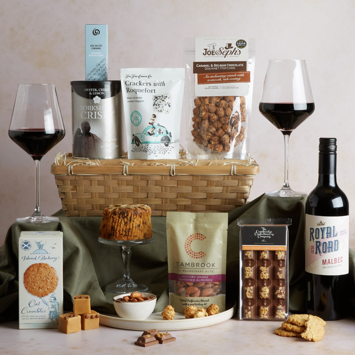 Gourmet Food and Wine Hamper with contents on display