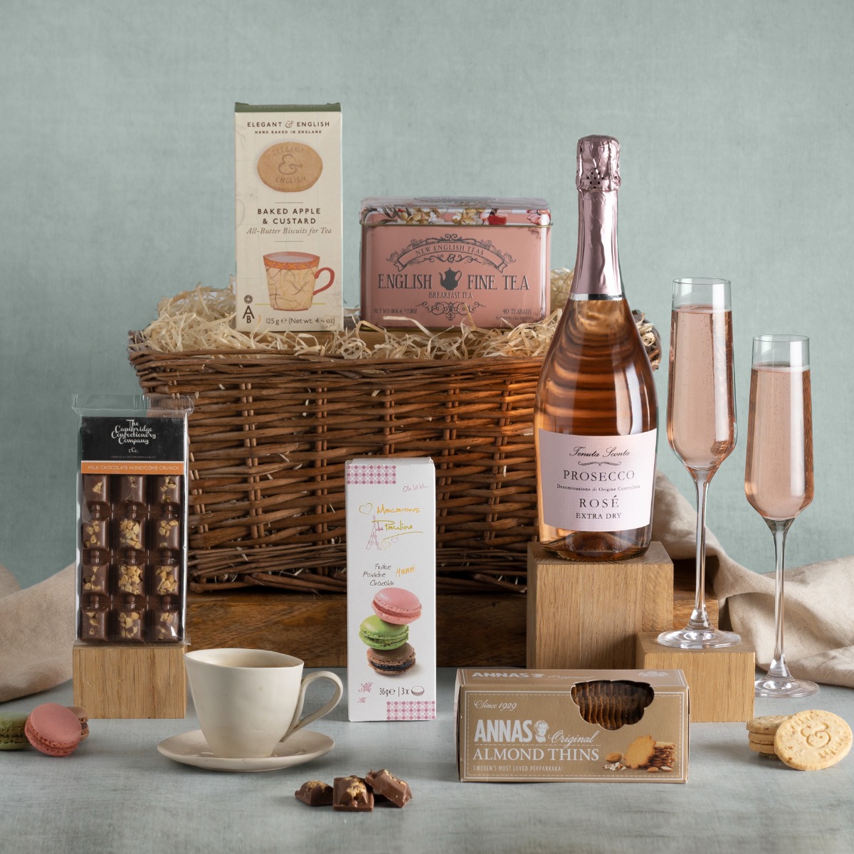 Valentine's Couples Sharing Hamper with contents on display including a bottle of Prosecco Rose