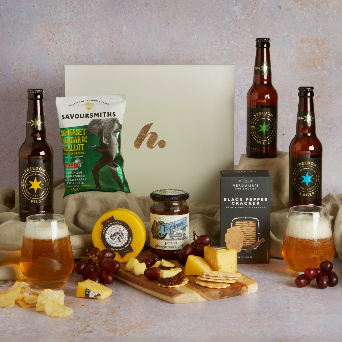 Beer and Cheese Valentine's Hamper with contents on display