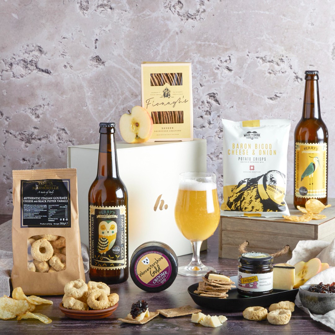 Father's Day Cider and Cheese Hamper with contents on display