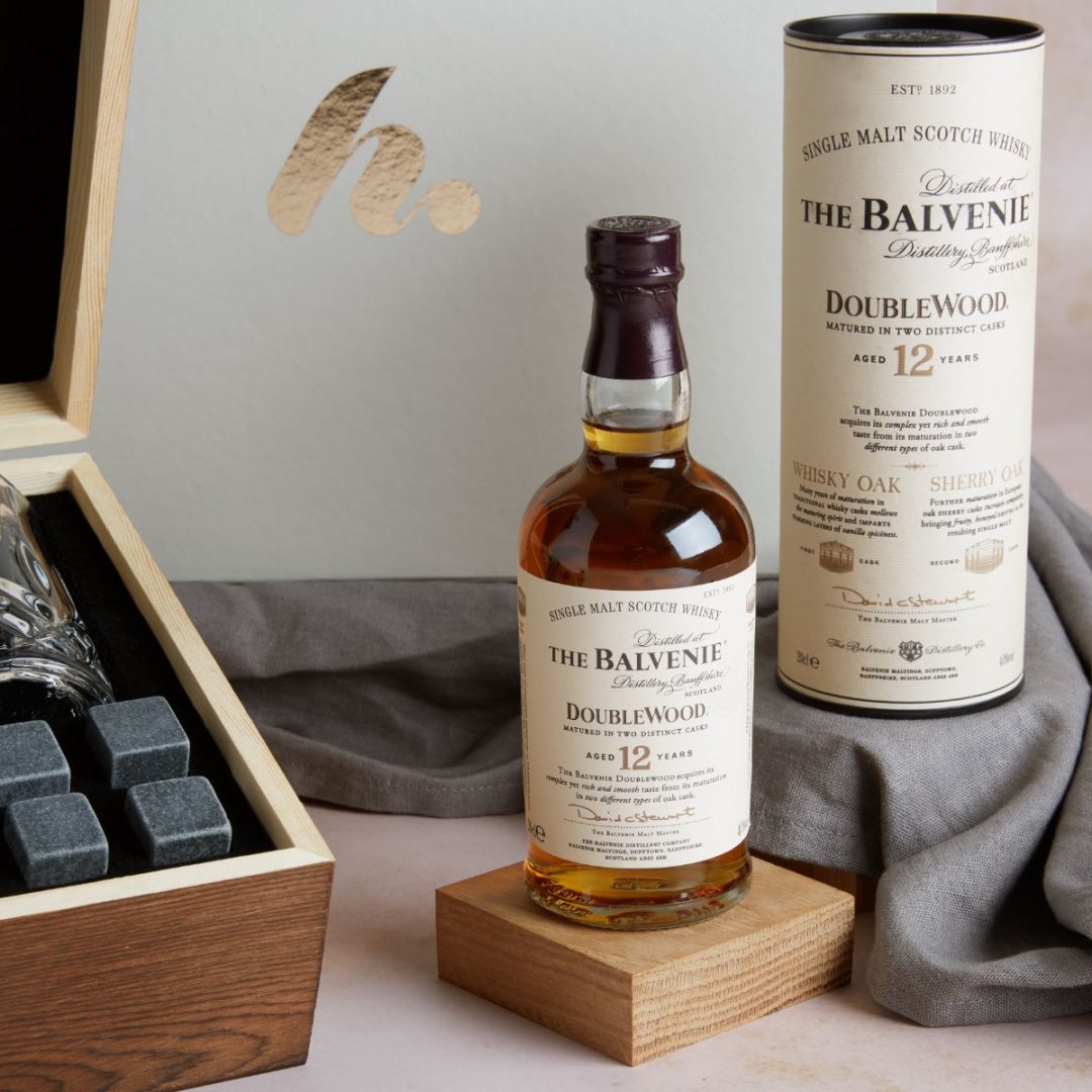 Close up of The Balvenie Double Wood 12 year whisky bottle and case