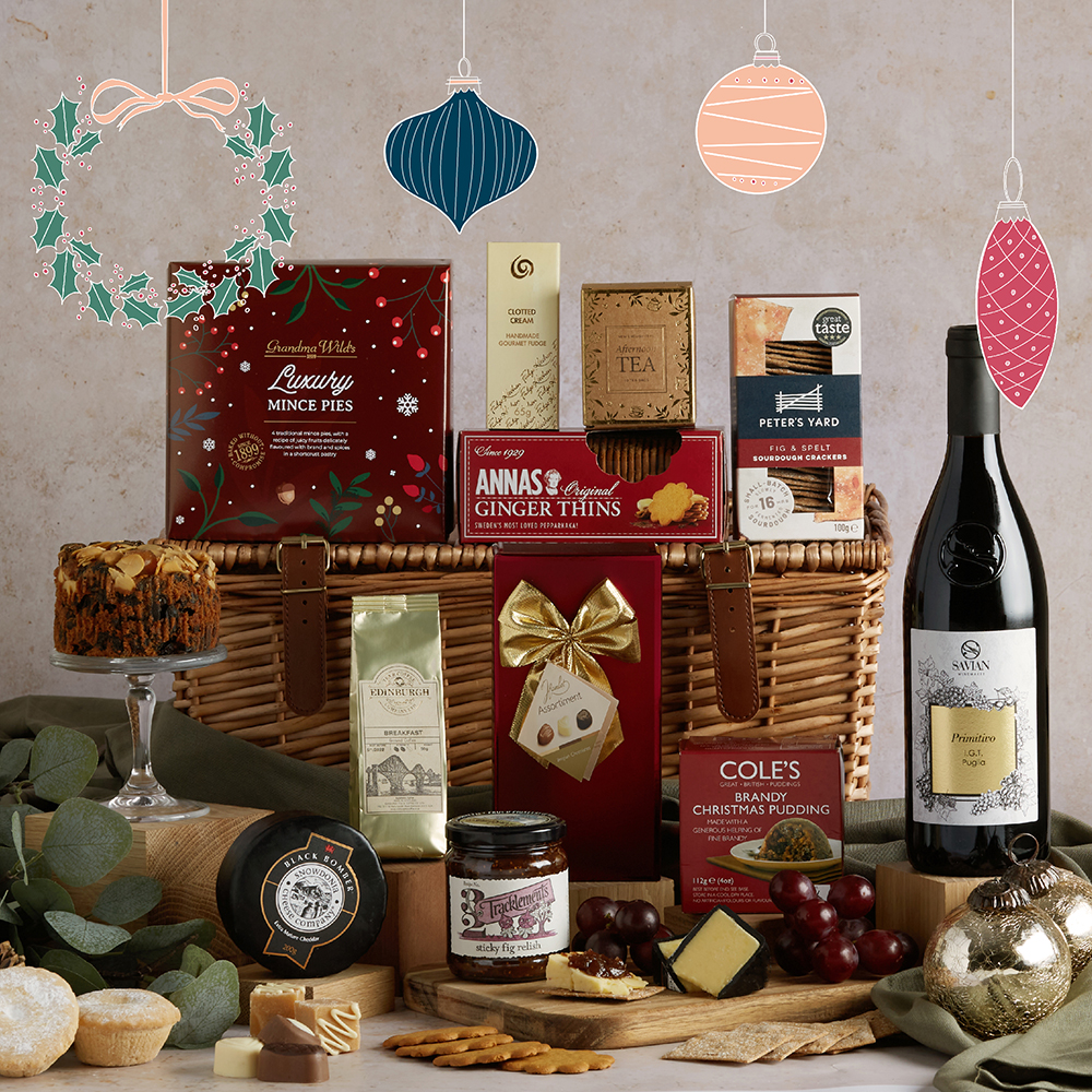 Christmas hamper of food and wine with Christmas decoration illustrations overlaid