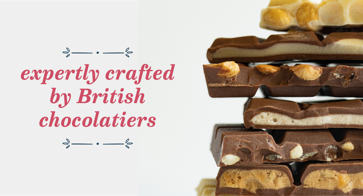 A banner featuring chocolate and text expertly crafted by British chocolatiers