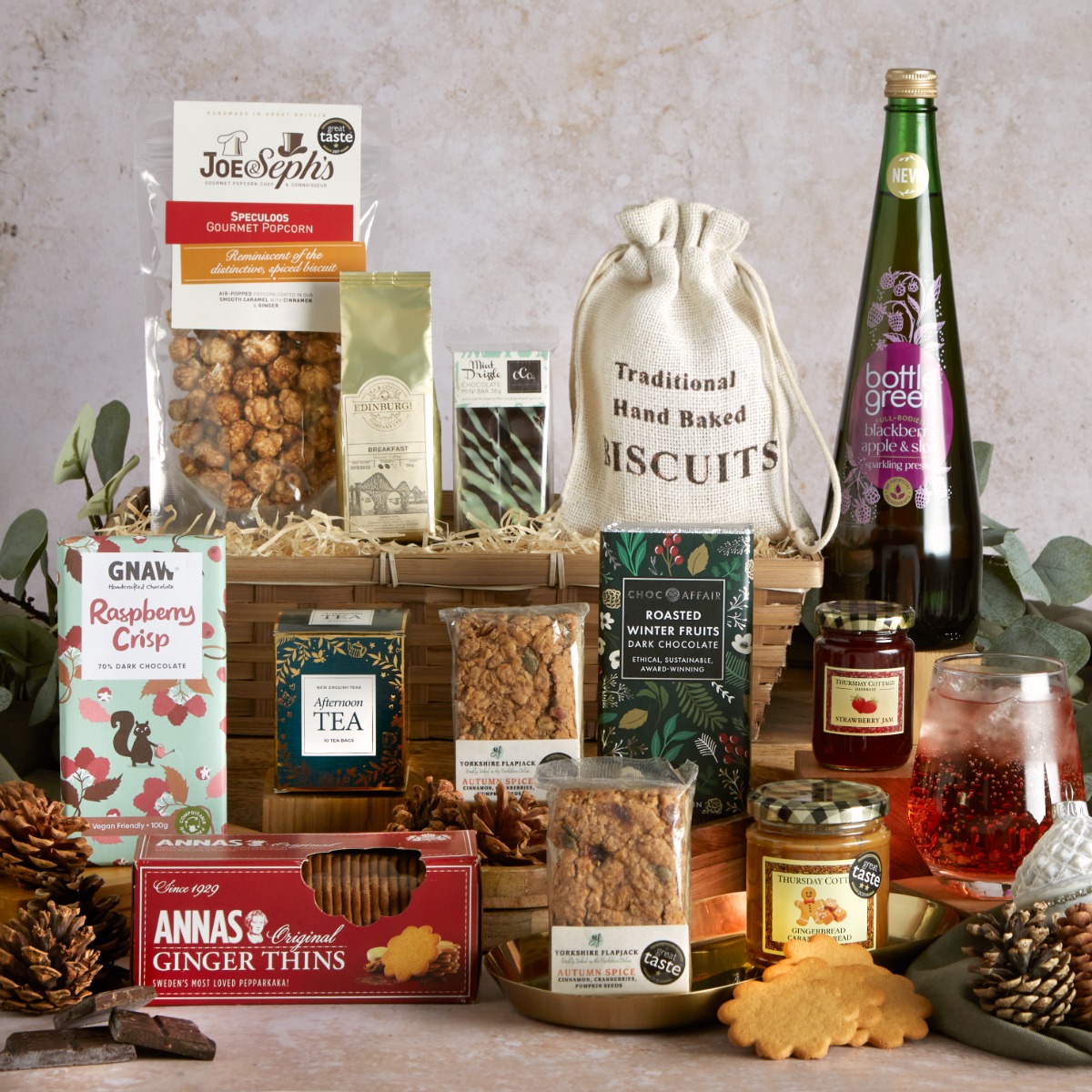 Luxury Alcohol Free Christmas Hamper with contents on display 