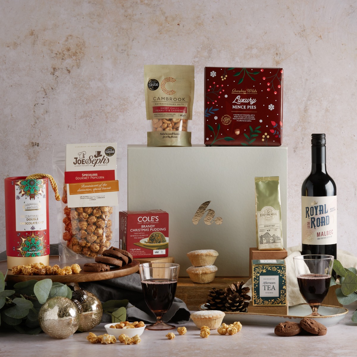 The Christmas Cracker Hamper with contents on display