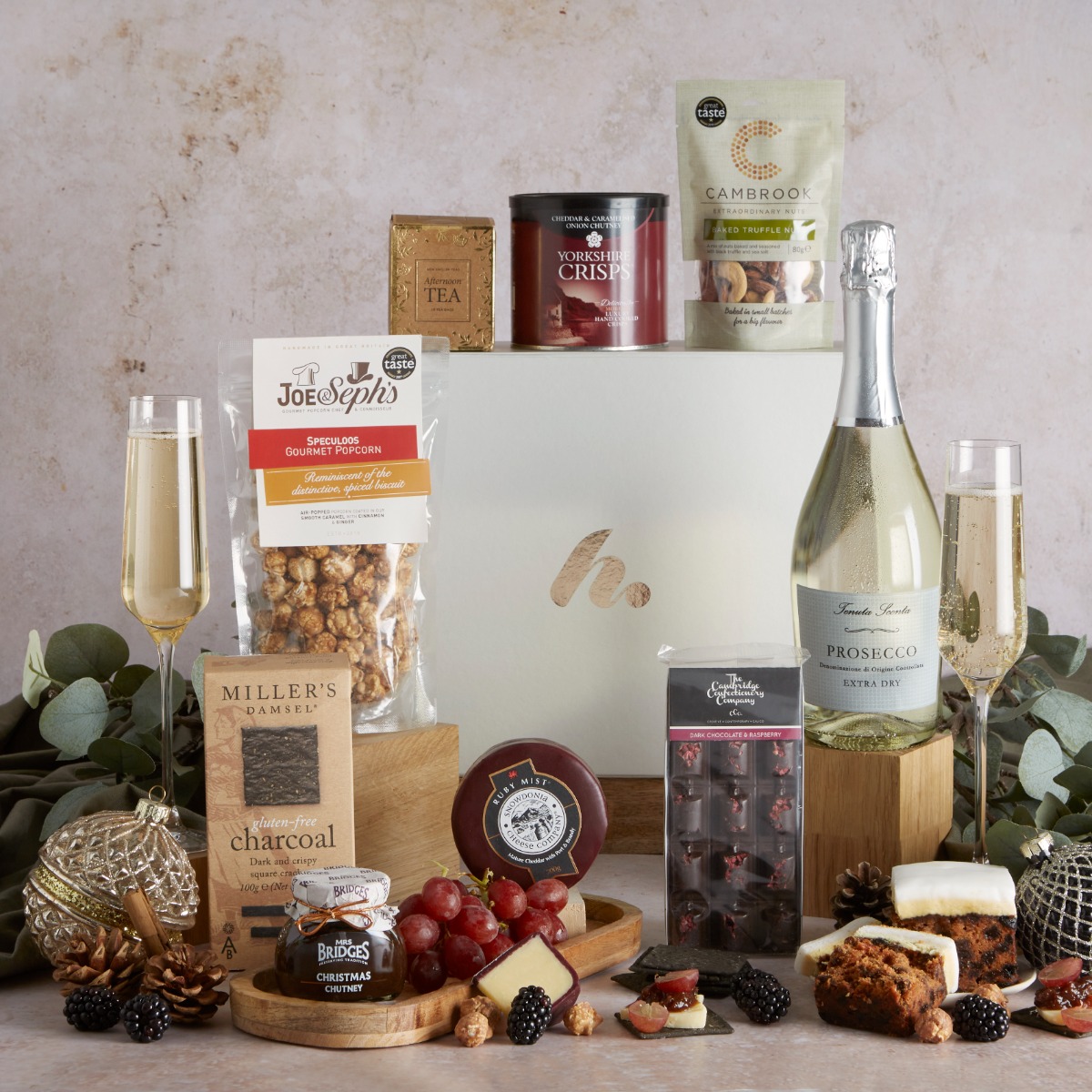Prosecco & Festive Flavours Hamper (Gluten-Free)  with contents on display