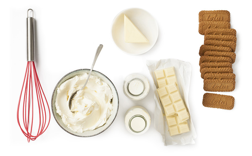 The ingredients needed to make the White Chocolate and Lotus Biscoff Cheesecake
