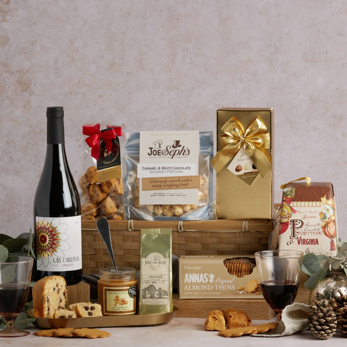 The Gold Standard Hamper with contents on display
