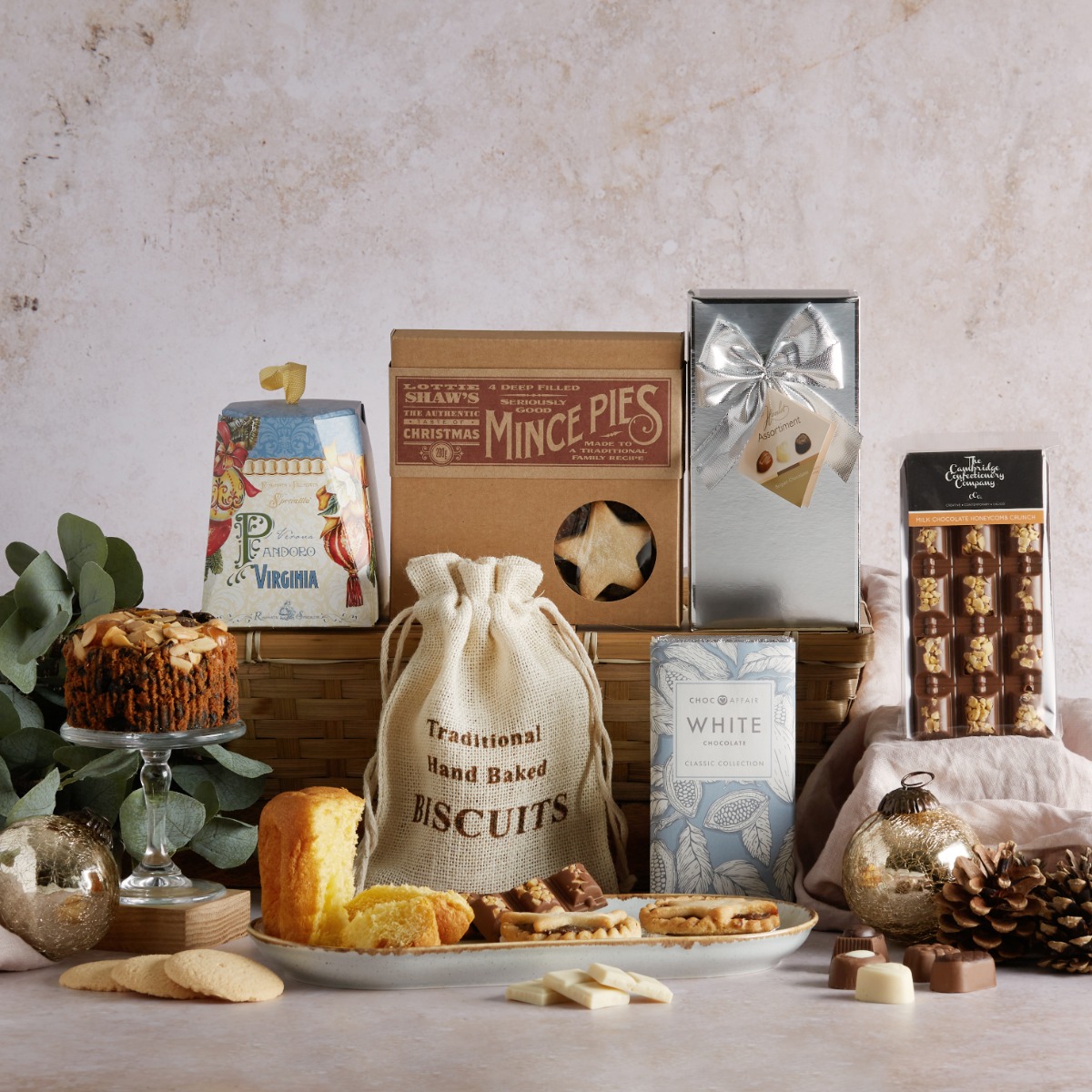 The White Christmas Hamper with contents on display