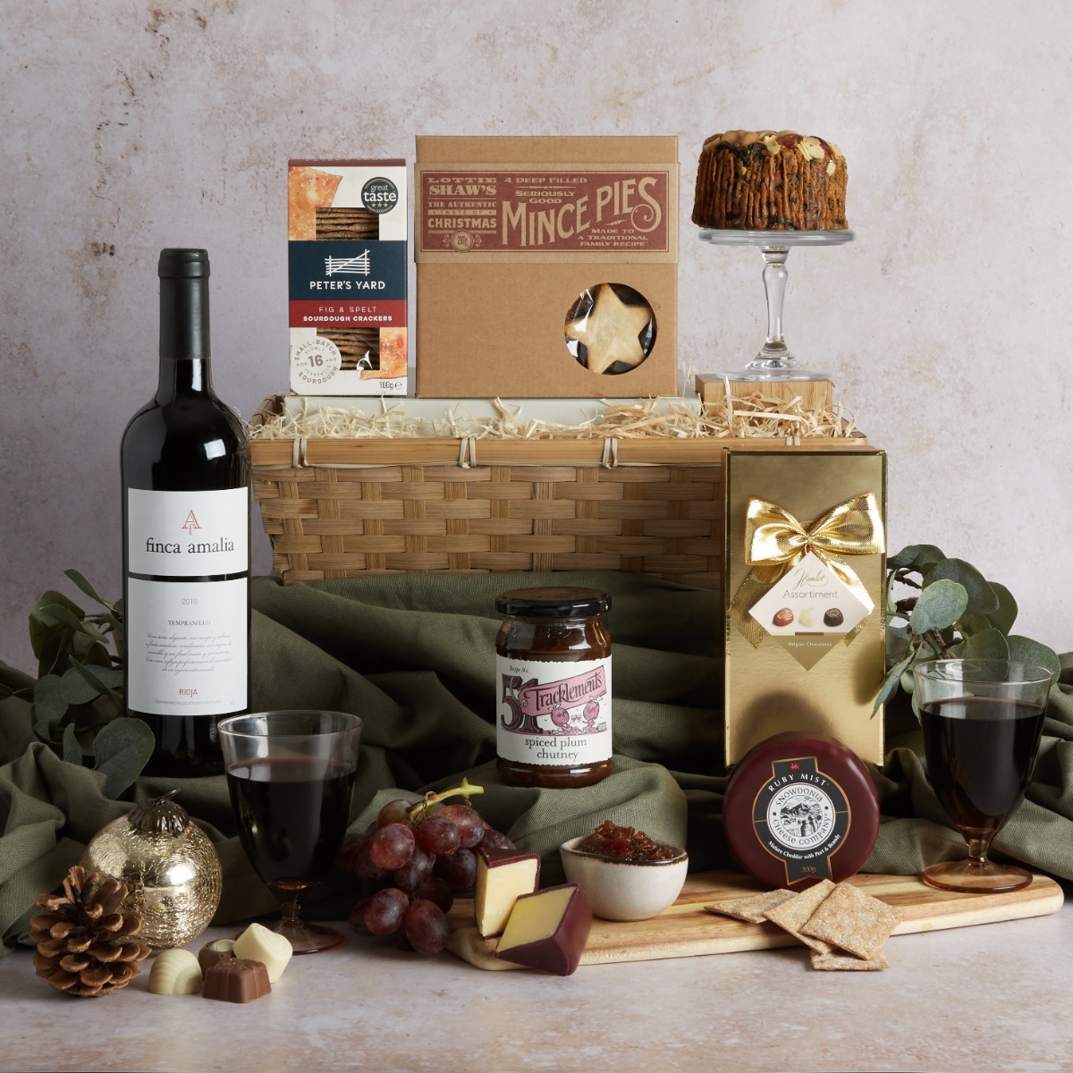The Classic Christmas hamper with festive contents on display