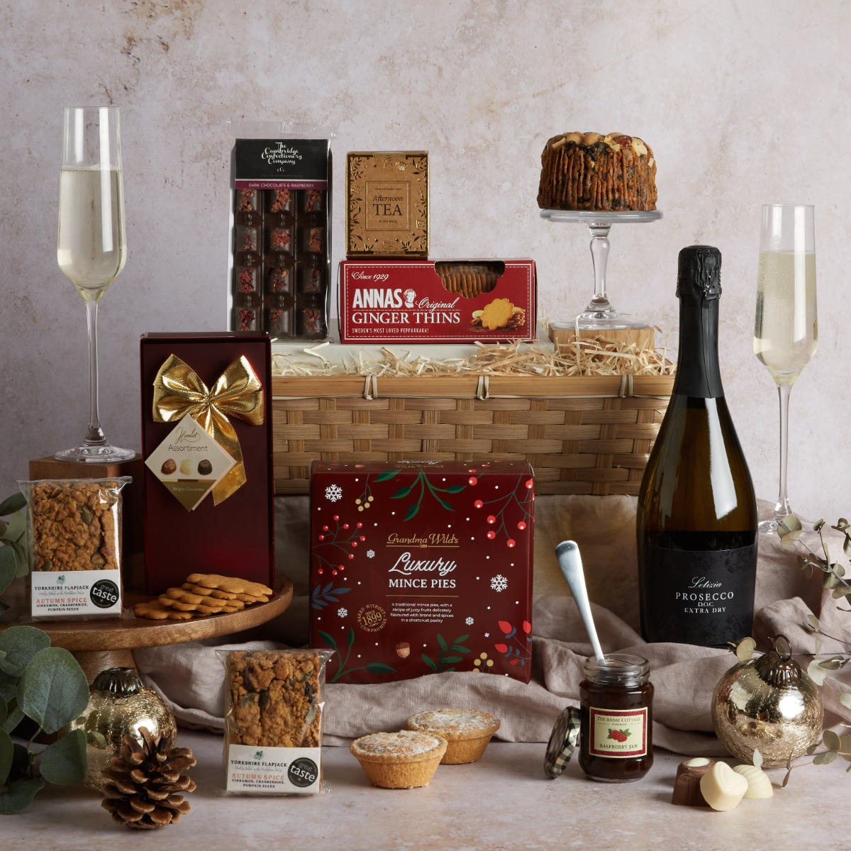 Festive Afternoon Tea Hamper with contents on display
