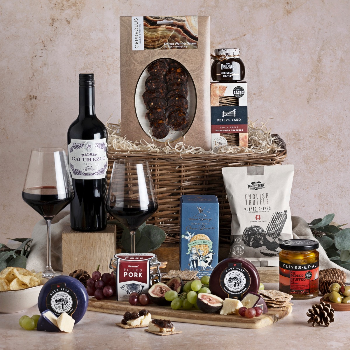 Christmas Eve Nibbles hamper with contents on display