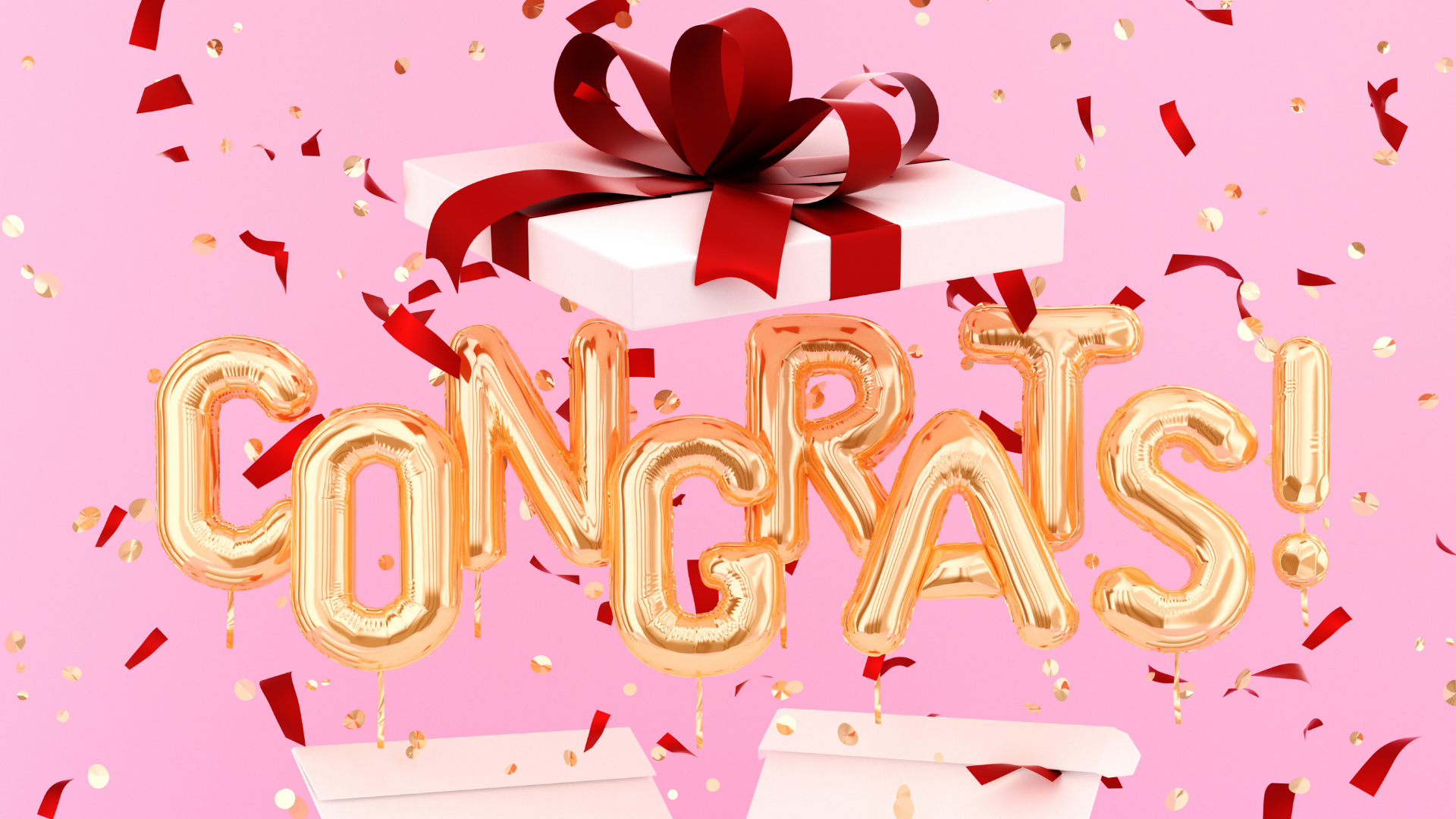 Gold balloons spelling 'congrats' bursting out of a gift box on a pink background