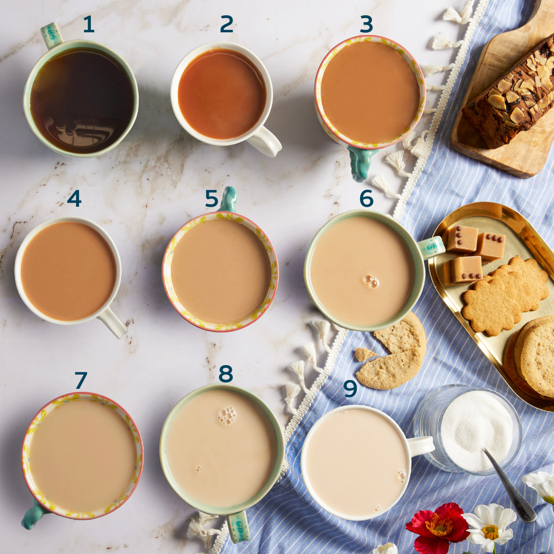 A range of tea cups with tea of different strengths