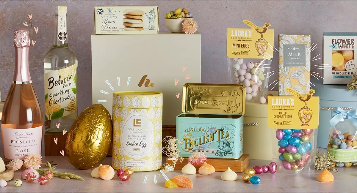 An array of lovely easter treats, eggs and drinks