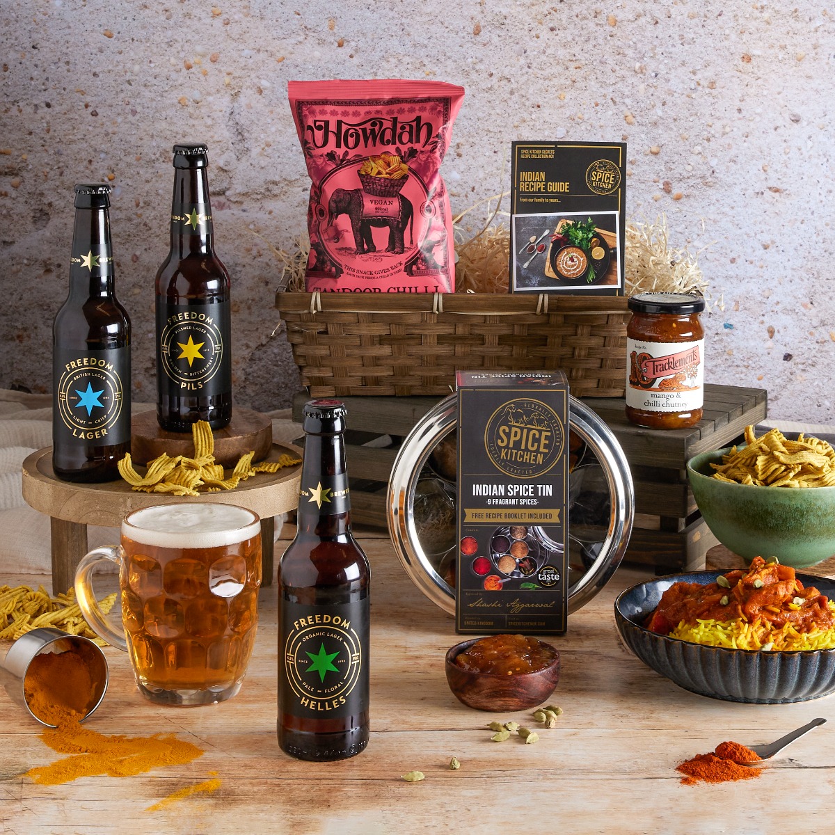 Father's Day Indian Cooking & Beer Hamper with content on display