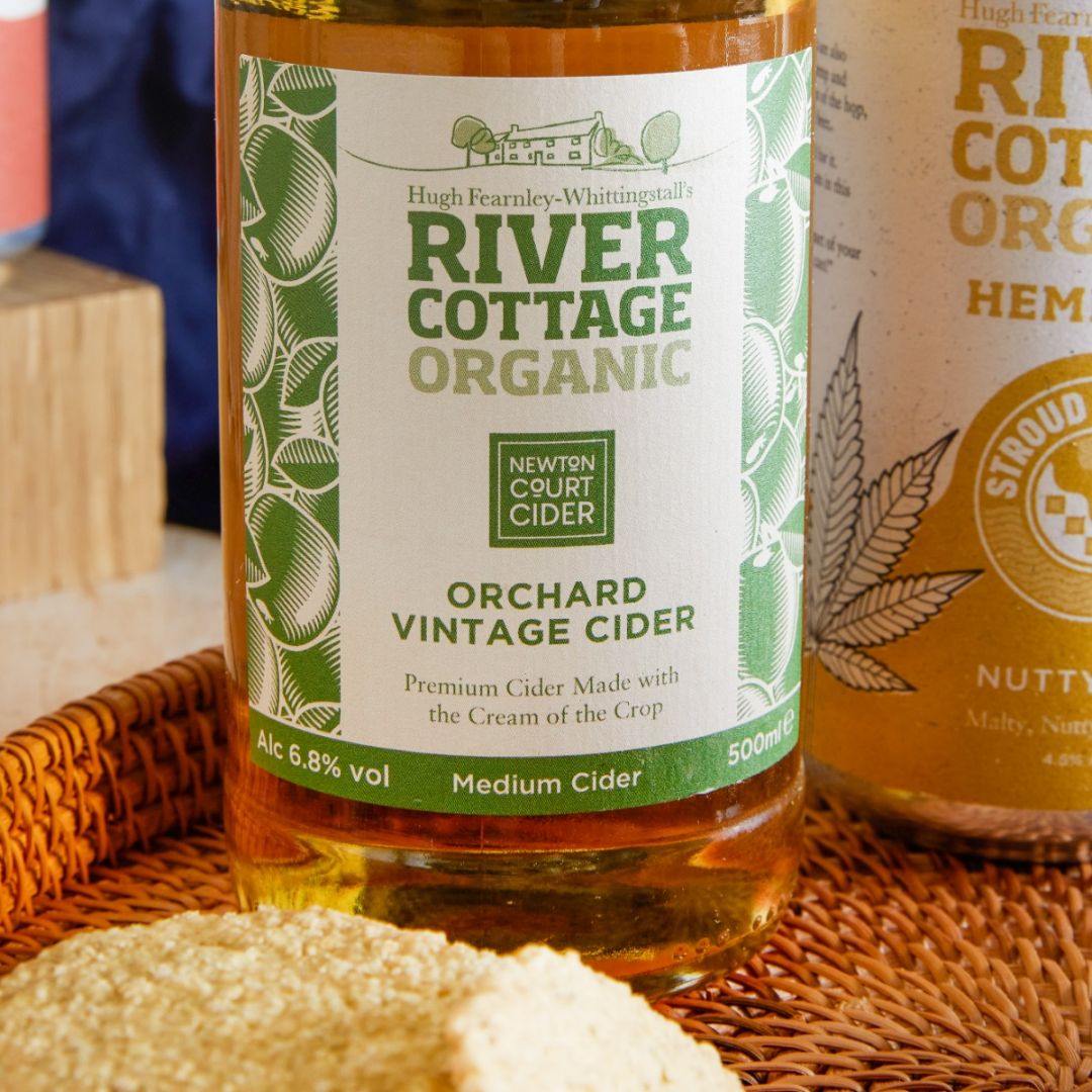 Close up of River Cottage Organic Orchard Vintage Cider by Newton Court Cider