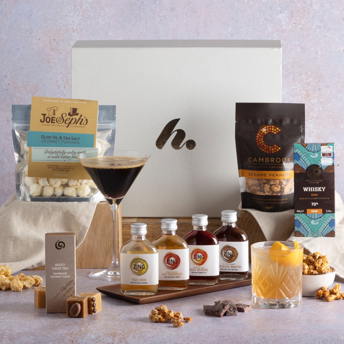 Cocktail Lovers Hamper for some Valentine's evening entertainment  - with cocktails on display