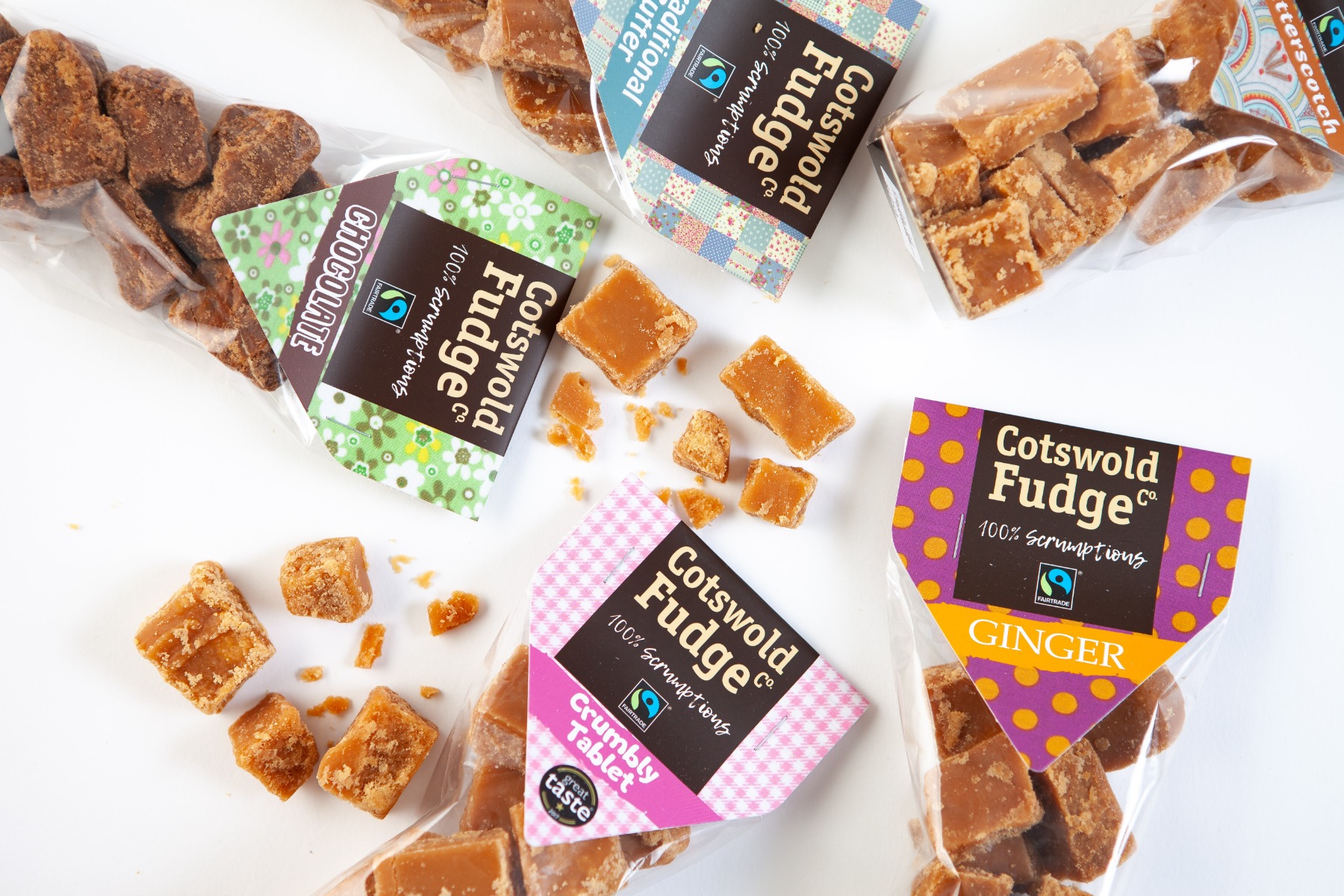 Flat lay images of the Cotswold Fudge Co. bags of fudge
