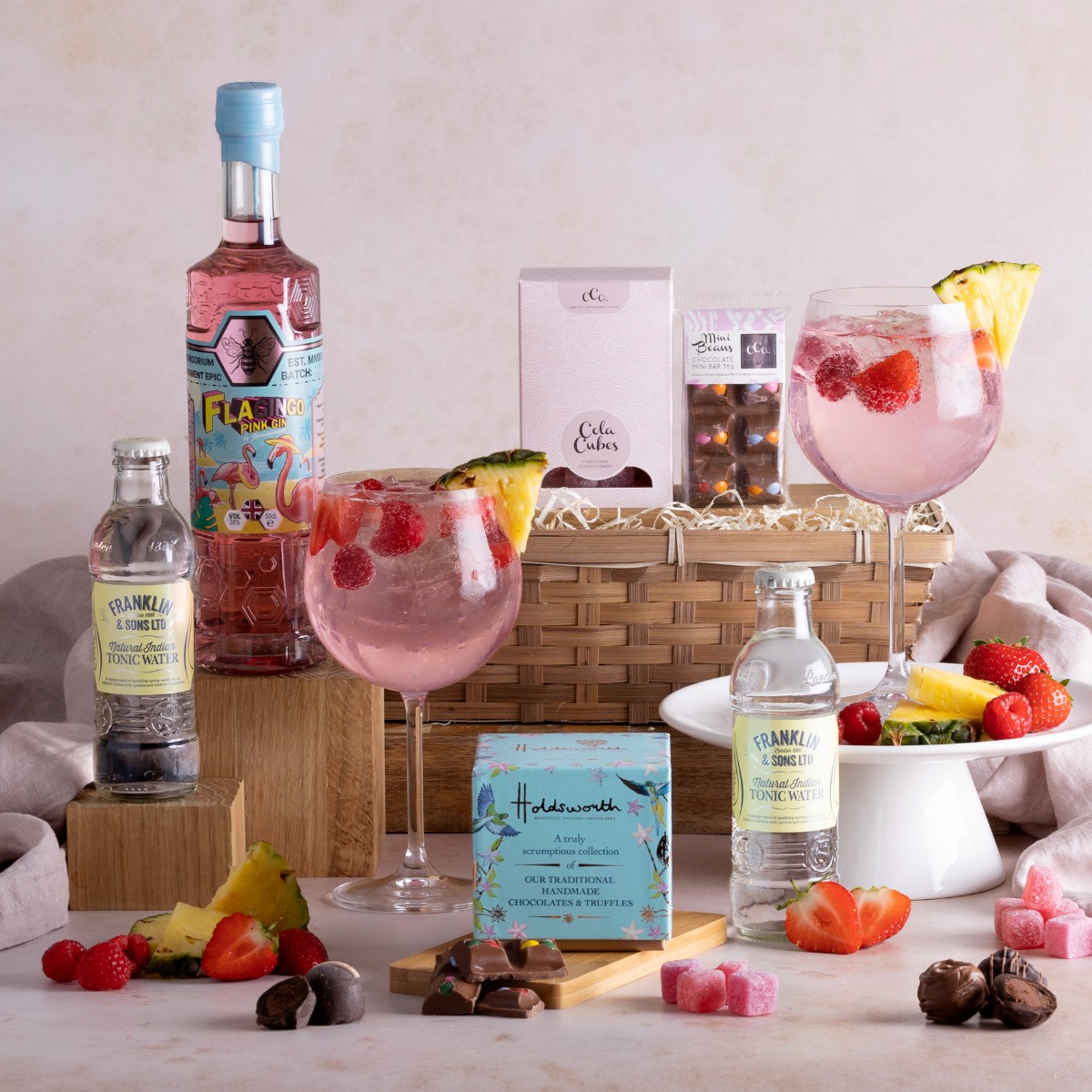 Flagingo Pink Gin Hamper for Valentine's Day - with contents on display