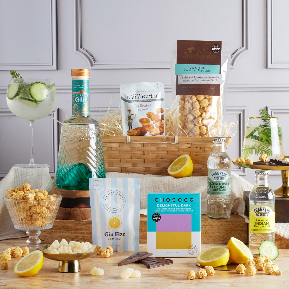 The Luxury Gin Hamper with contents on display as suggested mother's day hampers for mum