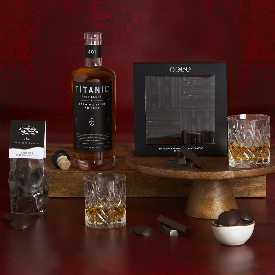 whiskey & dark chocolate gift box with contents on display