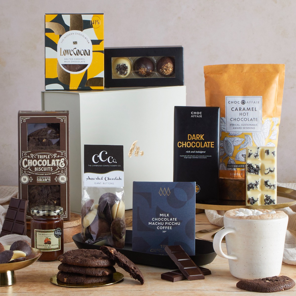 The Chocolate Indulgence Hamper with contents on display as the perfect Easter gift