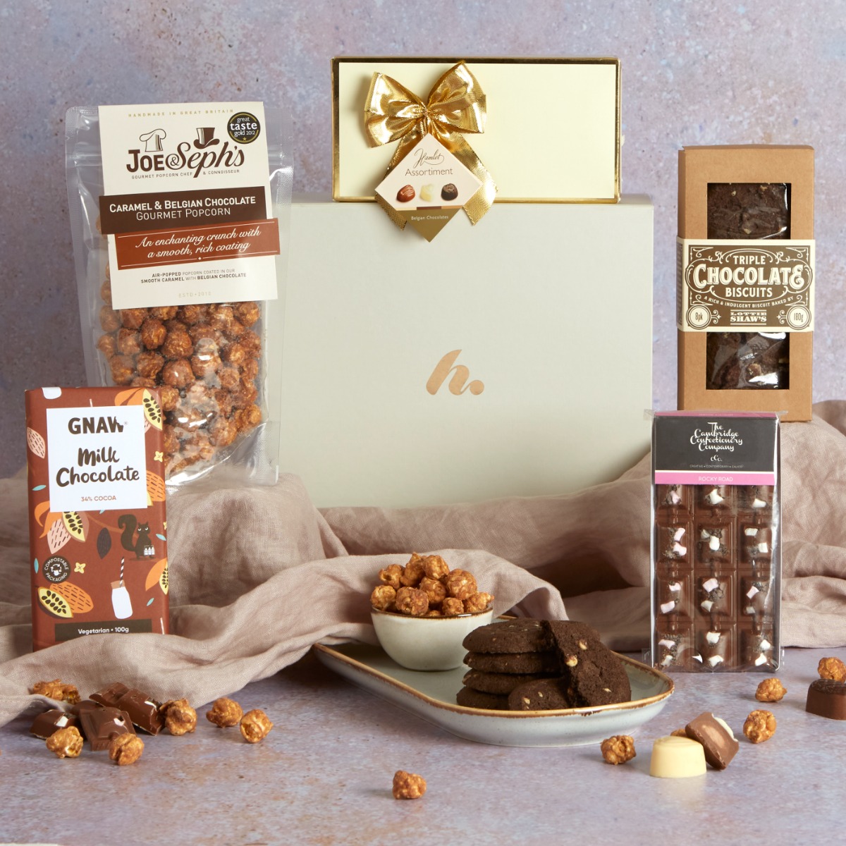 Heavenly Chocolate Hamper with contents on display