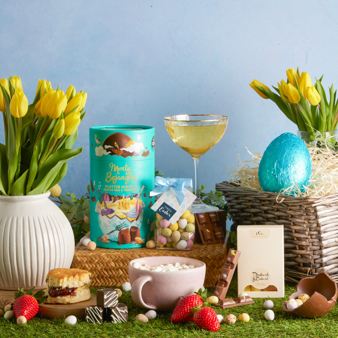 Flat lay of a range of Easter chocolate products including chocolate eggs