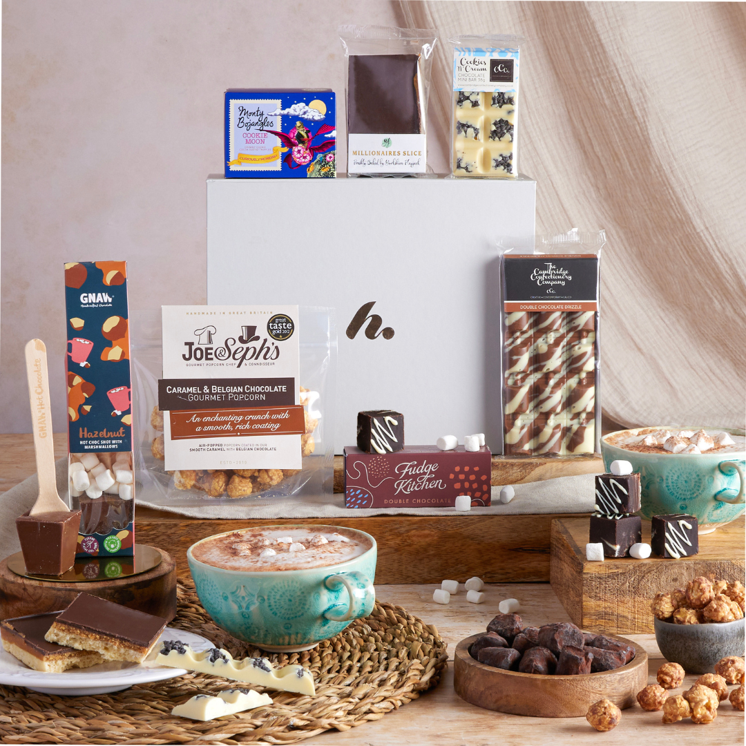 The Classic Chocolate Hamper with contents on display