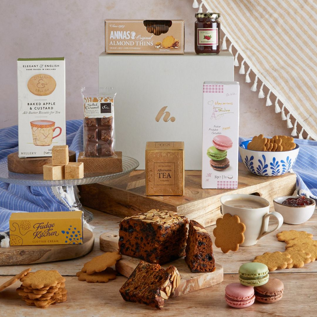 Afternoon tea delight hamper with contents on display - as a hamper for Valentine's Day idea