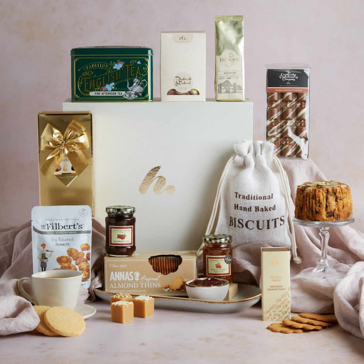 Traditional Treat Hamper with contents on display including signature hampers gift box