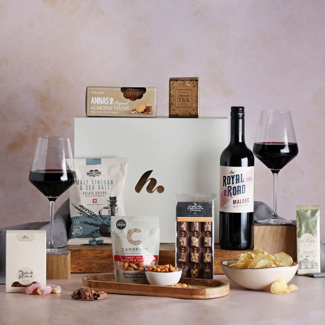 The Classic Food and Wine Hamper with contents on display