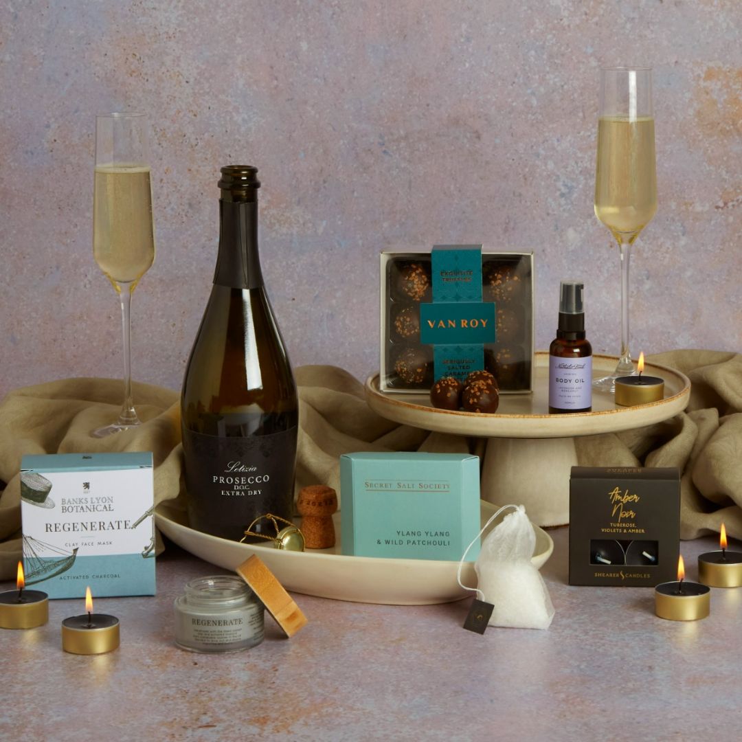 Luxury pamper hamper birthday gift with contents on display