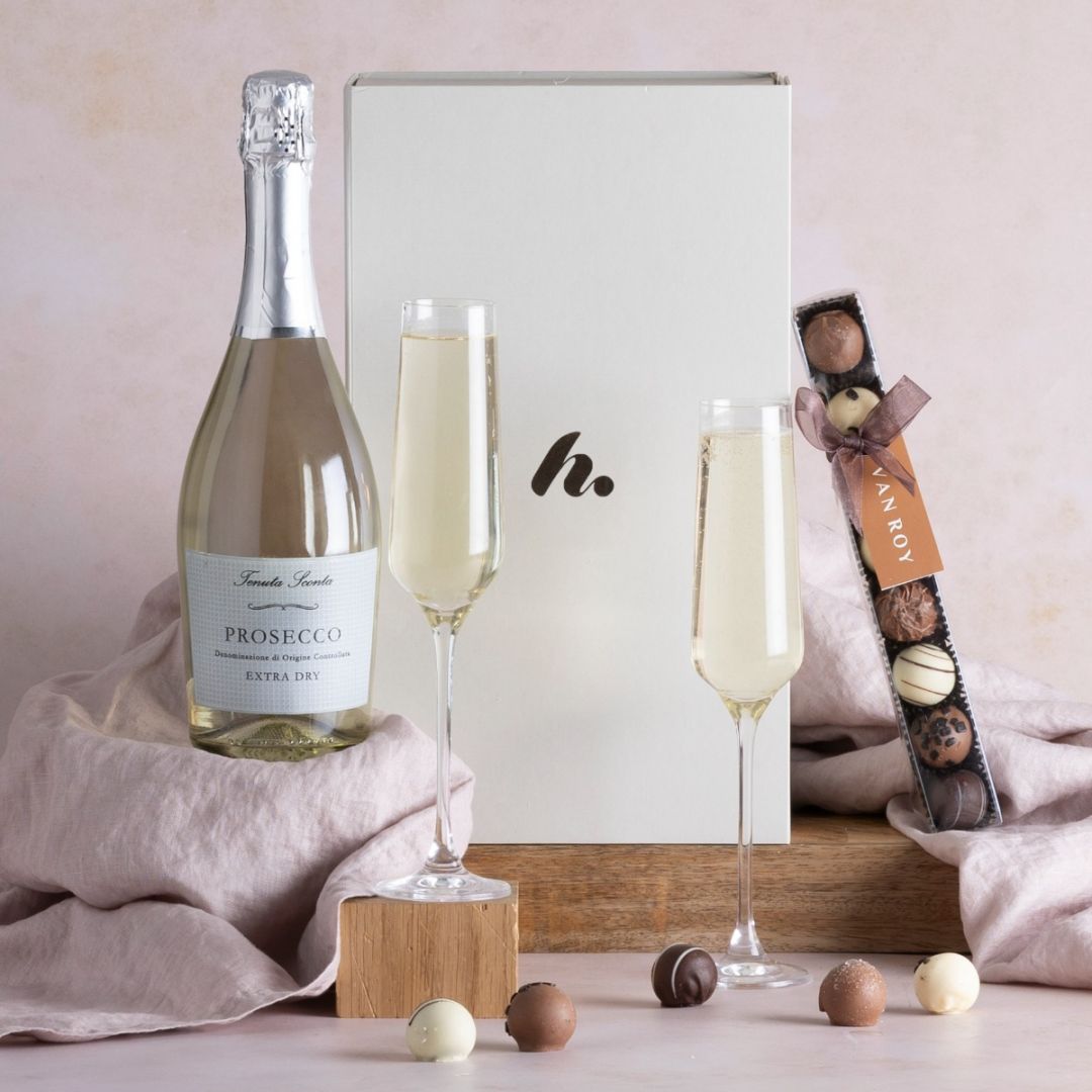 Prosecco & Chocolates Gift Hamper with contents on display