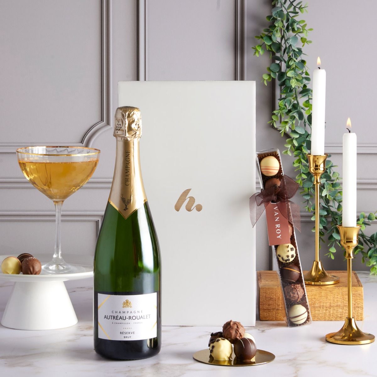 Champagne & Belgian Chocolates Hamper with contents on display