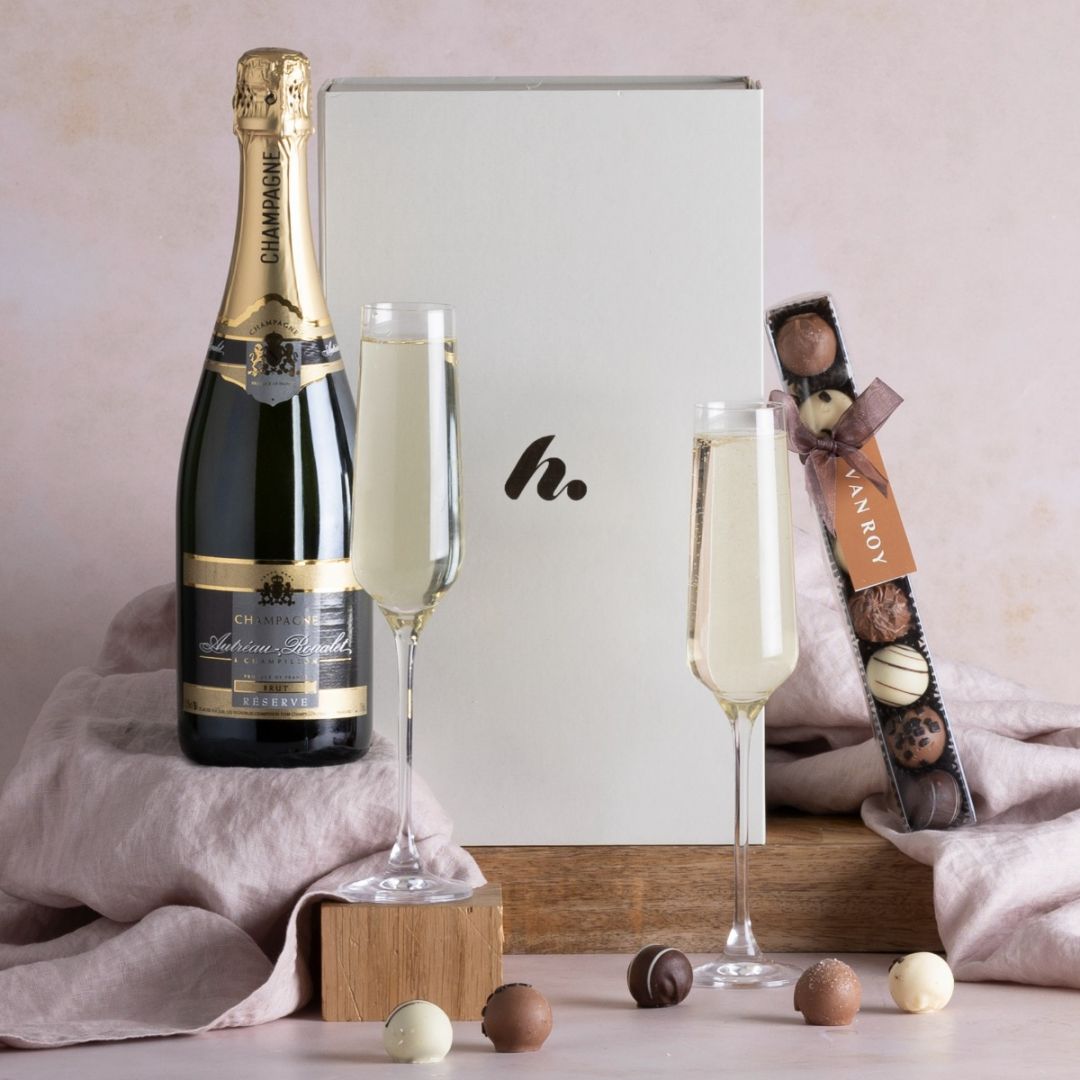  Champagne & Truffles Hamper with contents on display